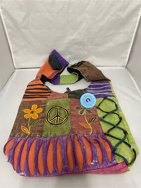 Boho Patchwork Peace Sign Shoulder Bag in Multicolor